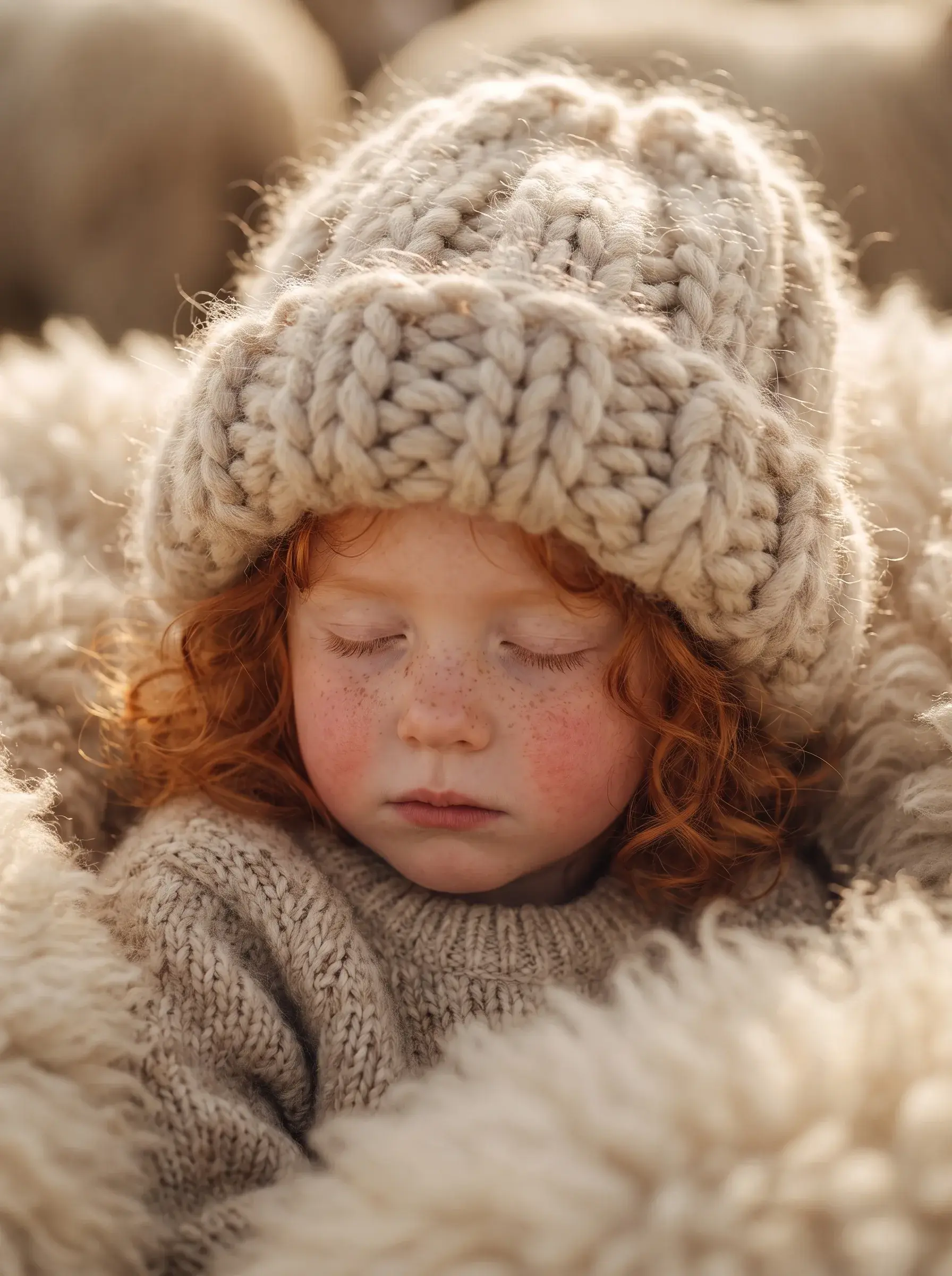 Petite fille rousse endormie coiffée d'un bonnet de laine épaisse, blottie dans la toison