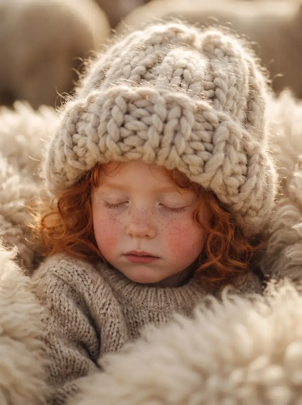 Petite fille rousse endormie coiffée d'un bonnet de laine épaisse, blottie dans la toison