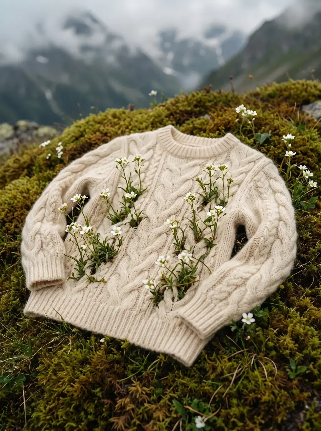 Pull en laine torsadée posé sur la mousse, envahi de fleurs sauvages, montagnes embrumées en fond