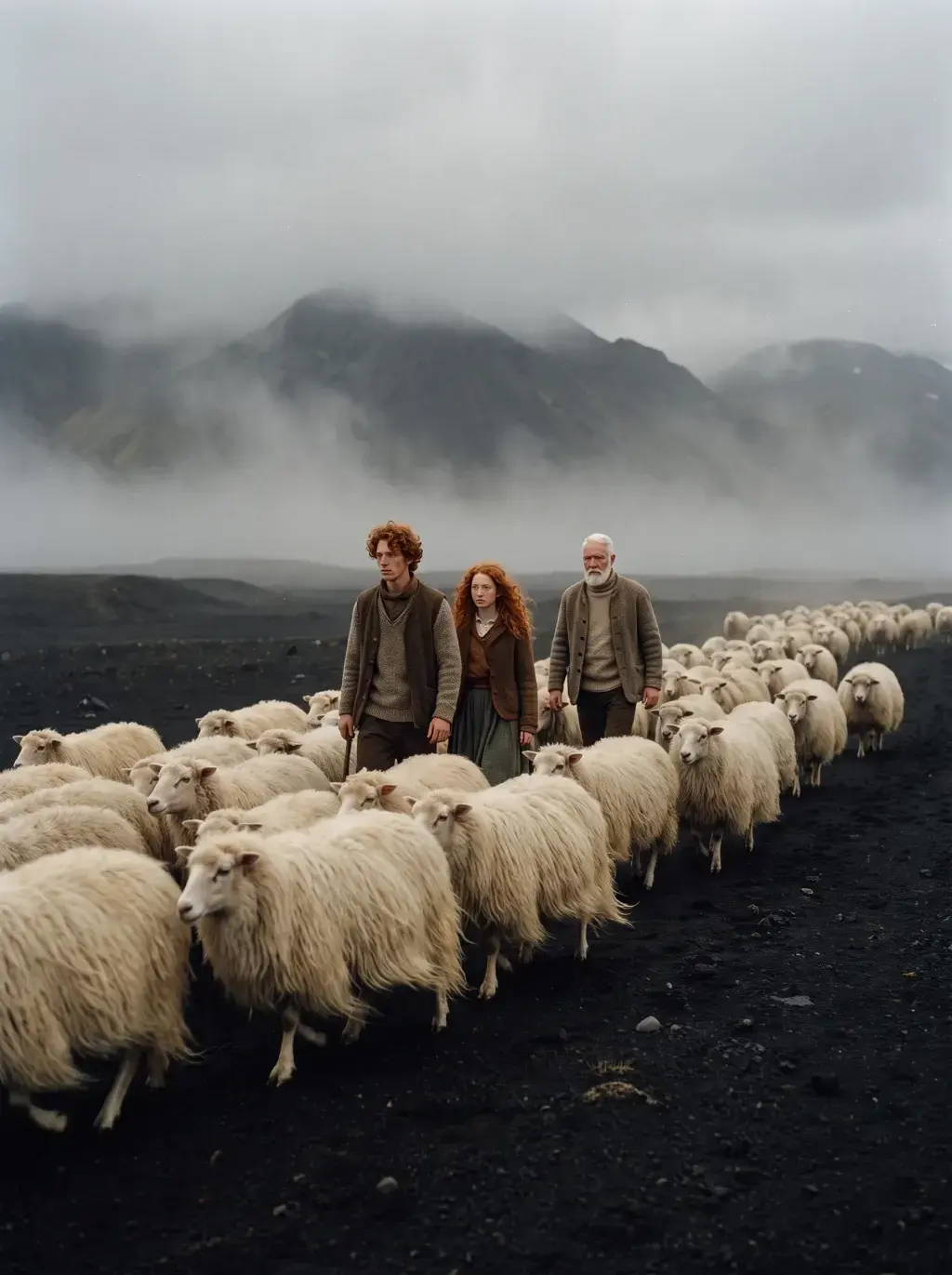 Famille de bergers roux menant un troupeau de moutons sur une terre volcanique noire embrumée