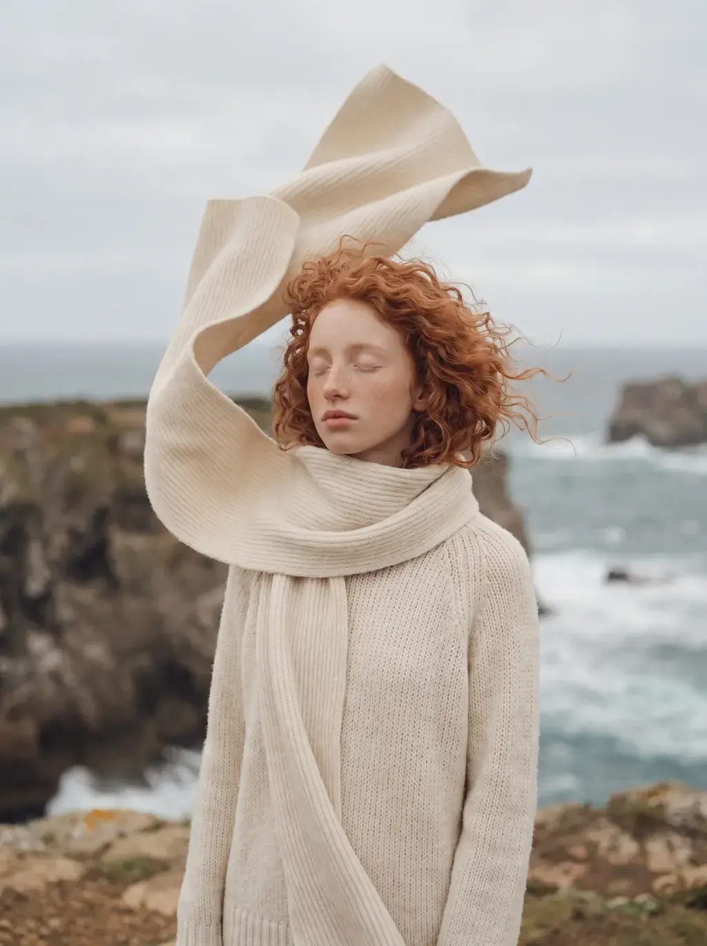 Portrait d'une jeune femme rousse au bord d'une falaise, écharpe et boucles emportées par le vent marin