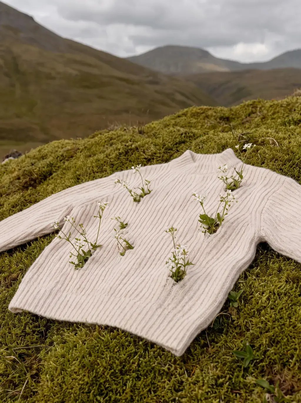 Pull en maille côtelée abandonné sur la mousse, fleurs blanches perçant le tricot