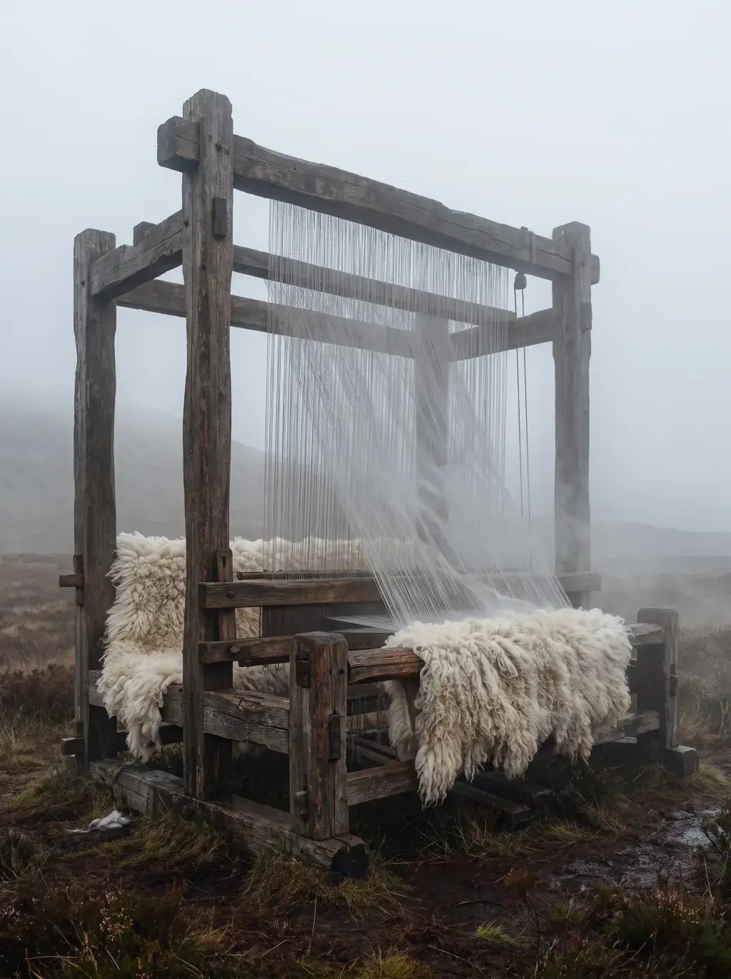 Métier à tisser en bois planté dans la brume, fils de chaîne tendus et toison à ses pieds