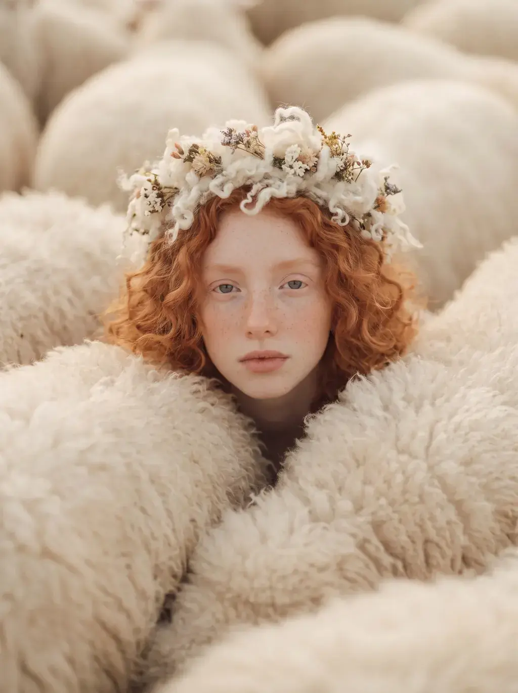 Gros plan sur une jeune femme rousse parée d'une couronne florale, nichée parmi son troupeau