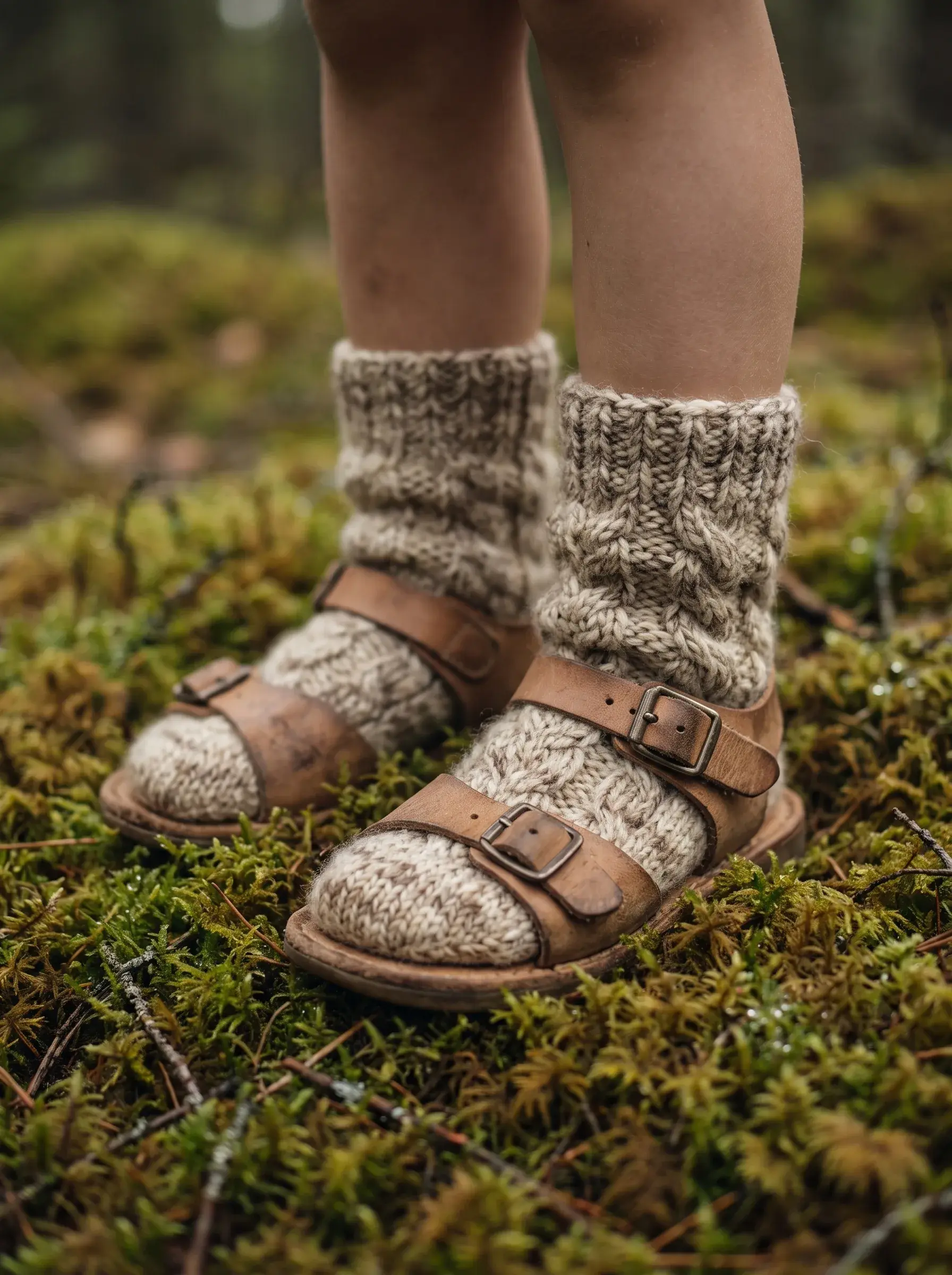 Détail de pieds d'enfant chaussés de chaussettes en laine tricotée et sandales en cuir, sur un tapis de mousse
