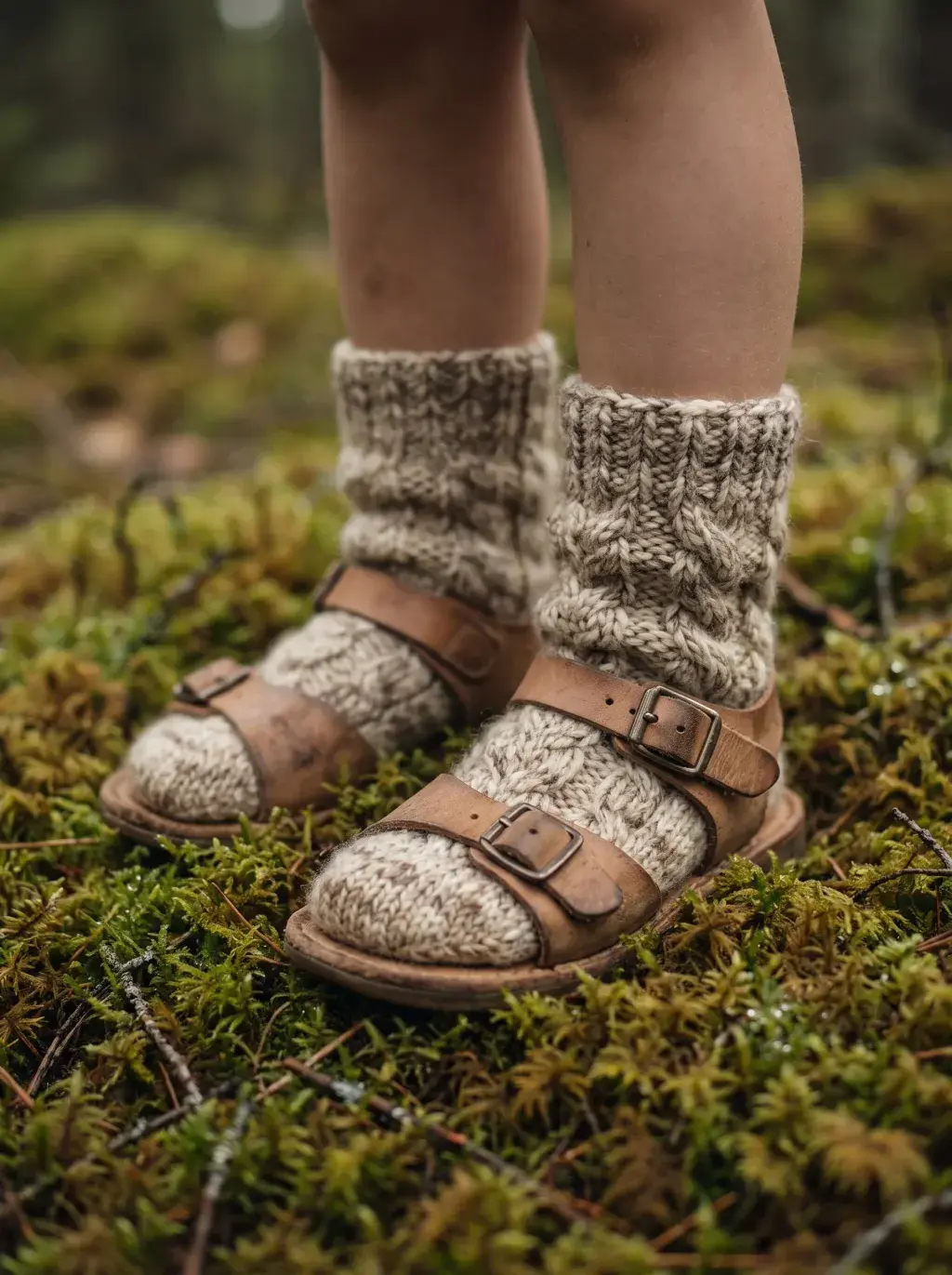 Détail de pieds d'enfant chaussés de chaussettes en laine tricotée et sandales en cuir, sur un tapis de mousse