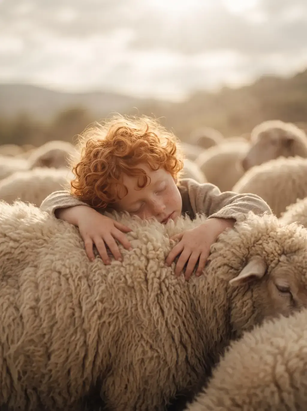 Enfant roux endormi, les bras noués autour du dos laineux d'un mouton