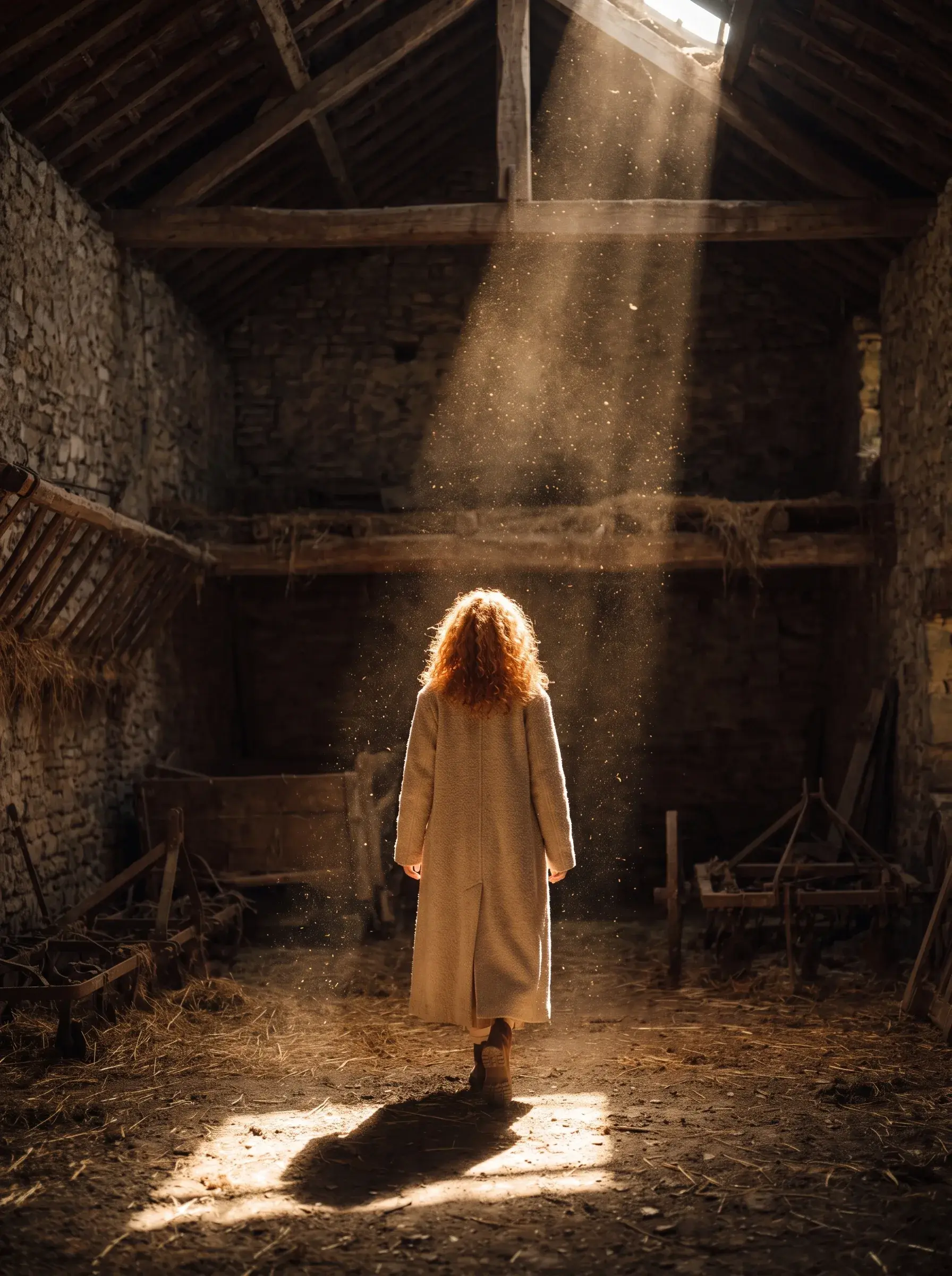 Jeune femme rousse vue de dos, silhouette traversant un rayon de lumière dans une grange en pierre ancienne