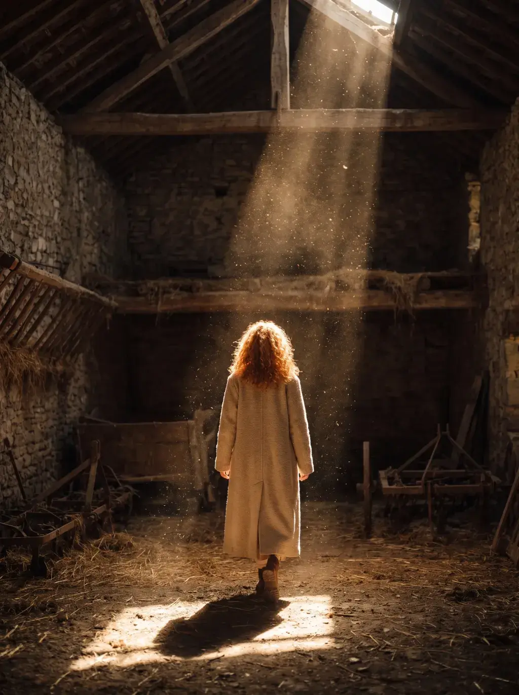 Jeune femme rousse vue de dos, silhouette traversant un rayon de lumière dans une grange en pierre ancienne