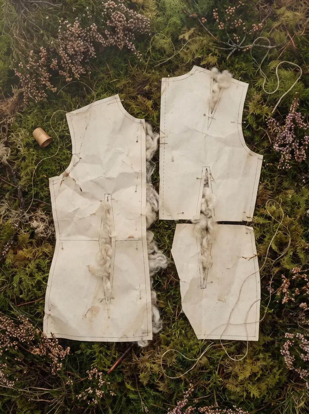 Patron de couture en papier de soie épinglé de mèches de laine brute, posé à même la mousse et la bruyère