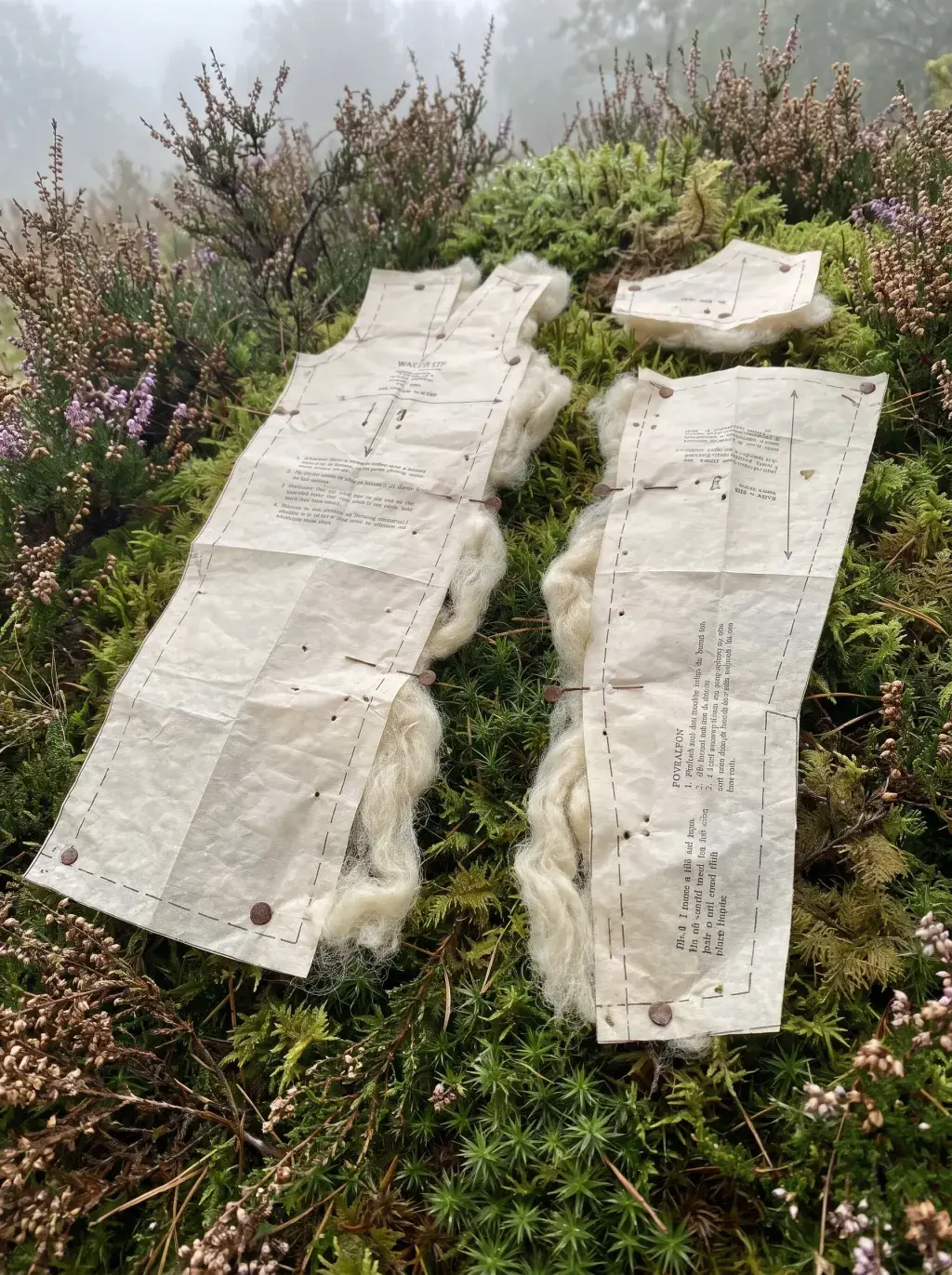 Pièces de patron en papier épinglées de mèches de laine, disposées sur la mousse embrumée