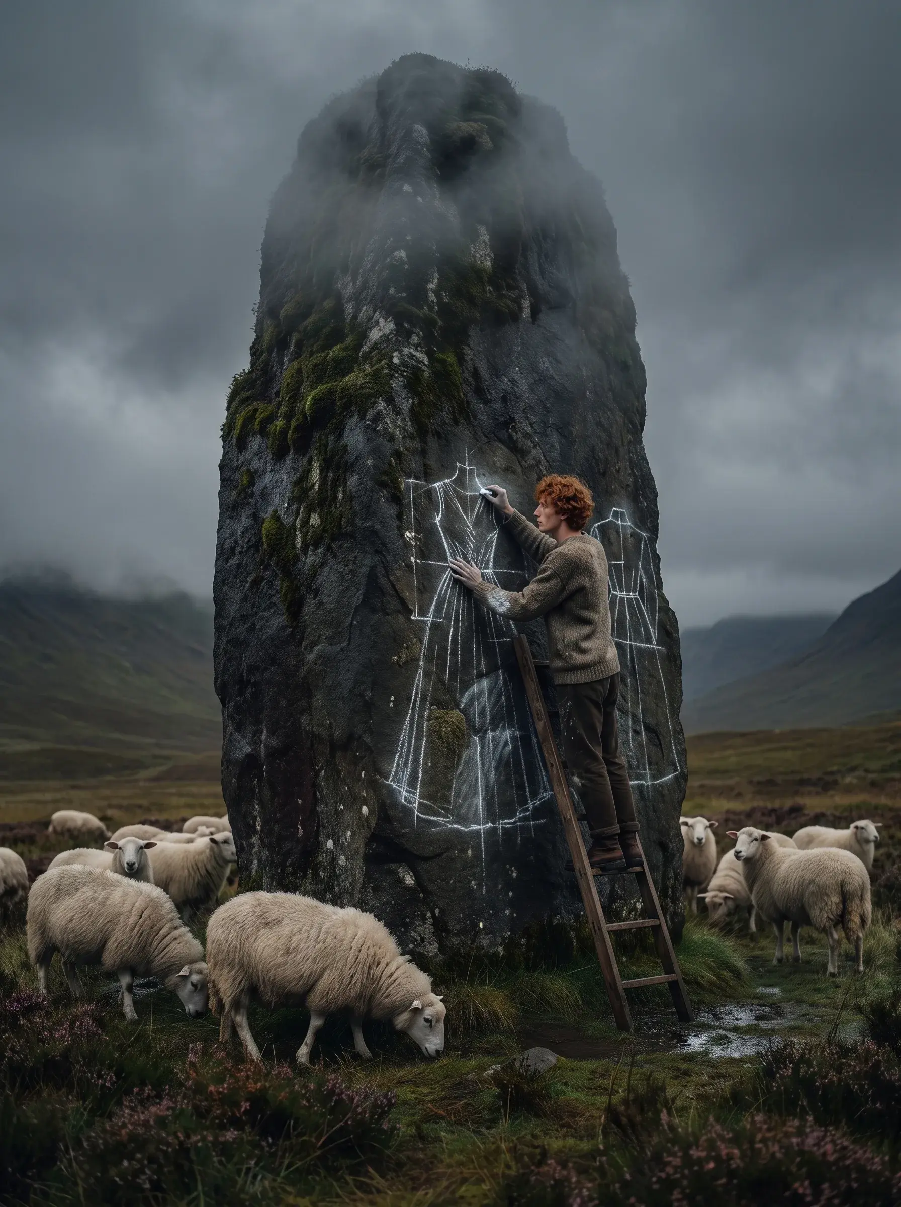 Jeune homme roux sur une échelle, traçant à la craie deux silhouettes de robe sur un menhir moussu au milieu d'un troupeau de moutons