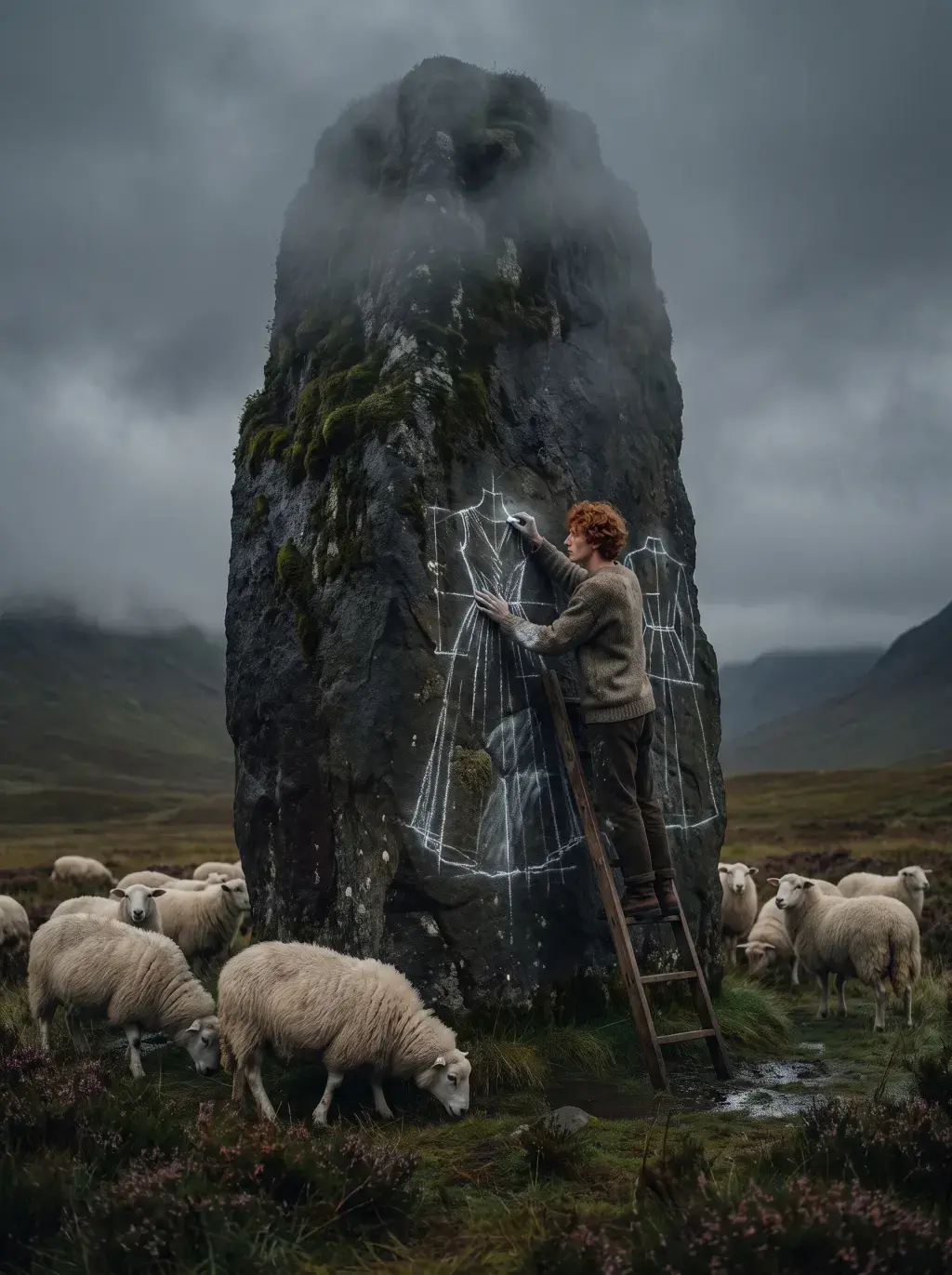 Jeune homme roux sur une échelle, traçant à la craie deux silhouettes de robe sur un menhir moussu au milieu d'un troupeau de moutons