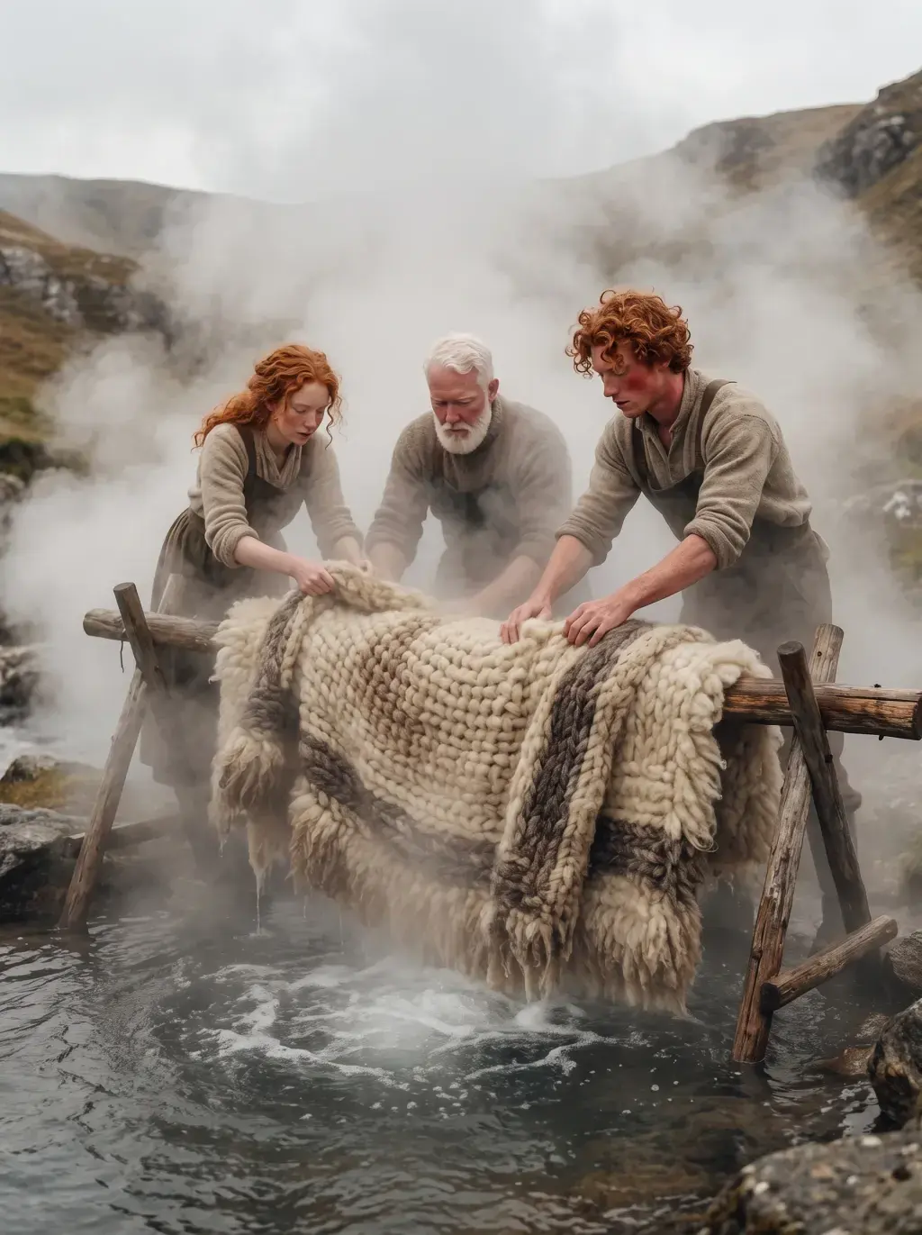 Trois artisans lavant un plaid de laine crème sur un cadre en bois au-dessus d'une source chaude fumante en montagne