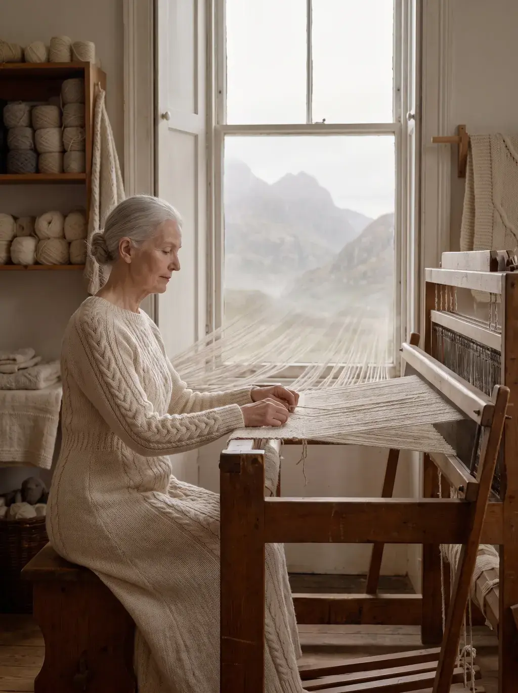 Femme âgée aux cheveux blancs tissant à la main sur un métier ancien, robe en maille torsadée crème, vue sur les montagnes