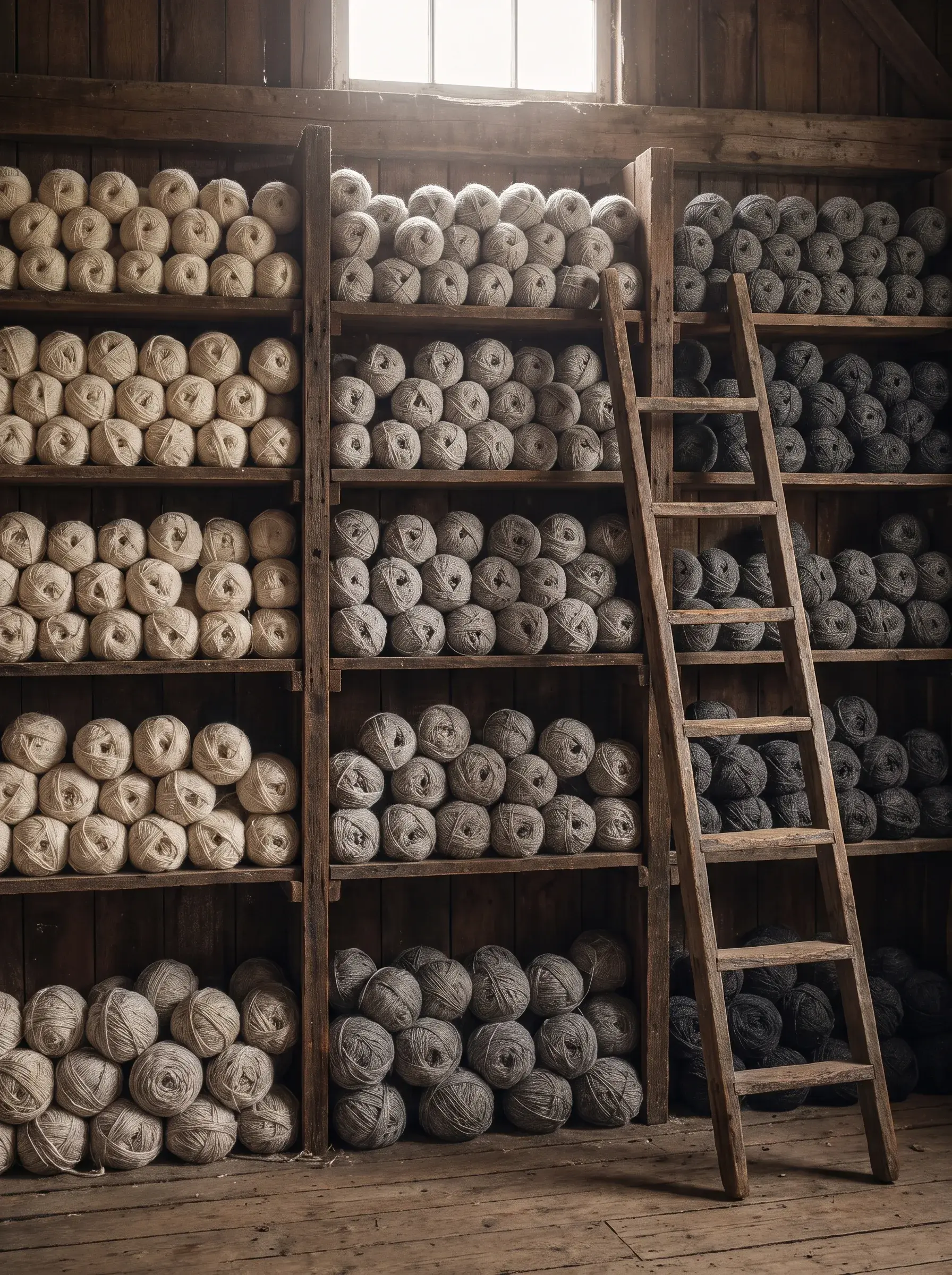 Étagères en bois chargées de pelotes de laine crème, grise et anthracite, échelle appuyée sous une lumière tamisée