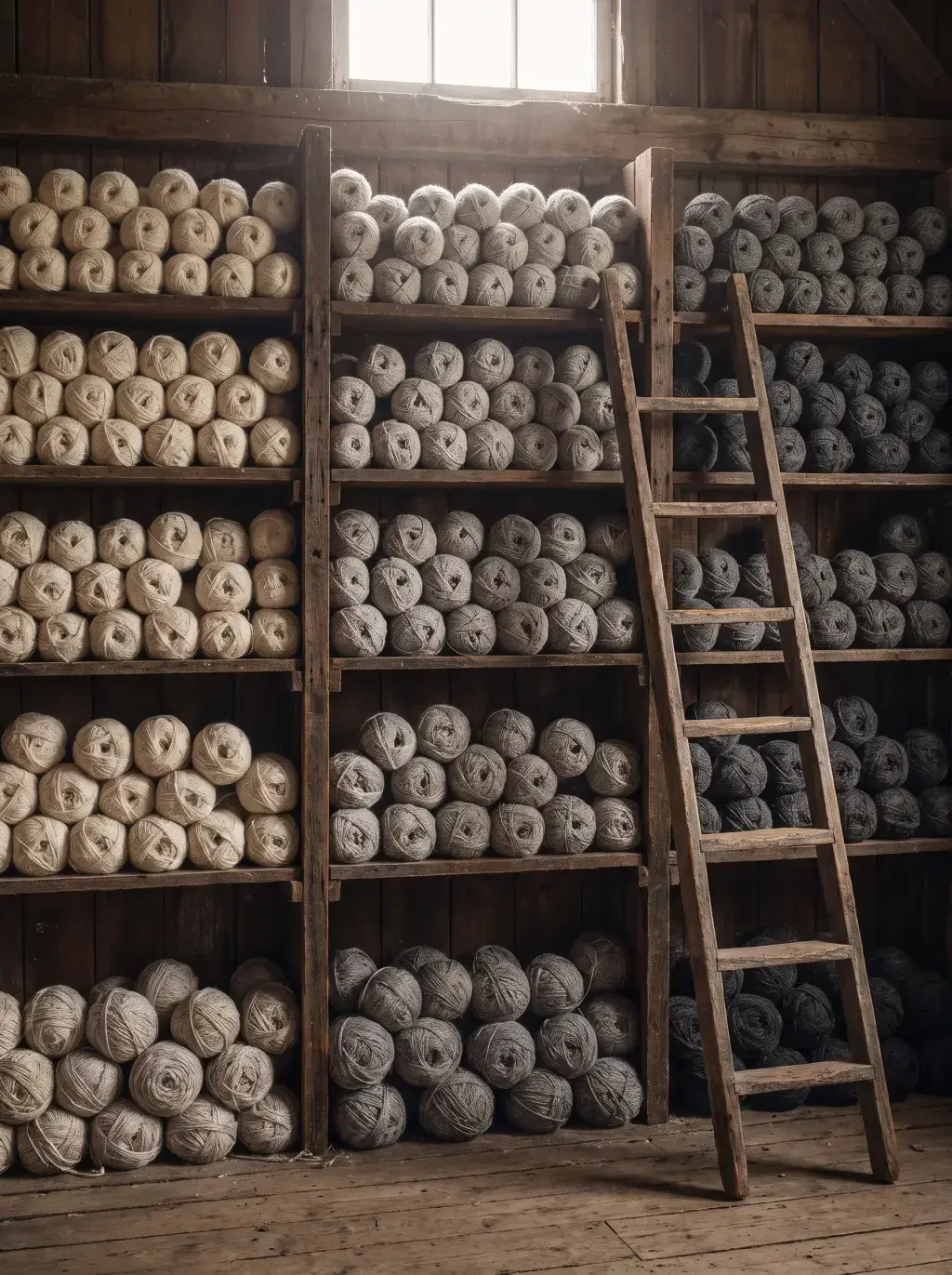 Étagères en bois chargées de pelotes de laine crème, grise et anthracite, échelle appuyée sous une lumière tamisée