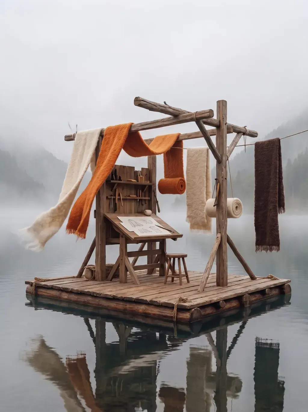 Radeau en bois flottant sur un lac embrumé, échoppe d'artisan improvisée où sèchent écharpes et étoles en laine