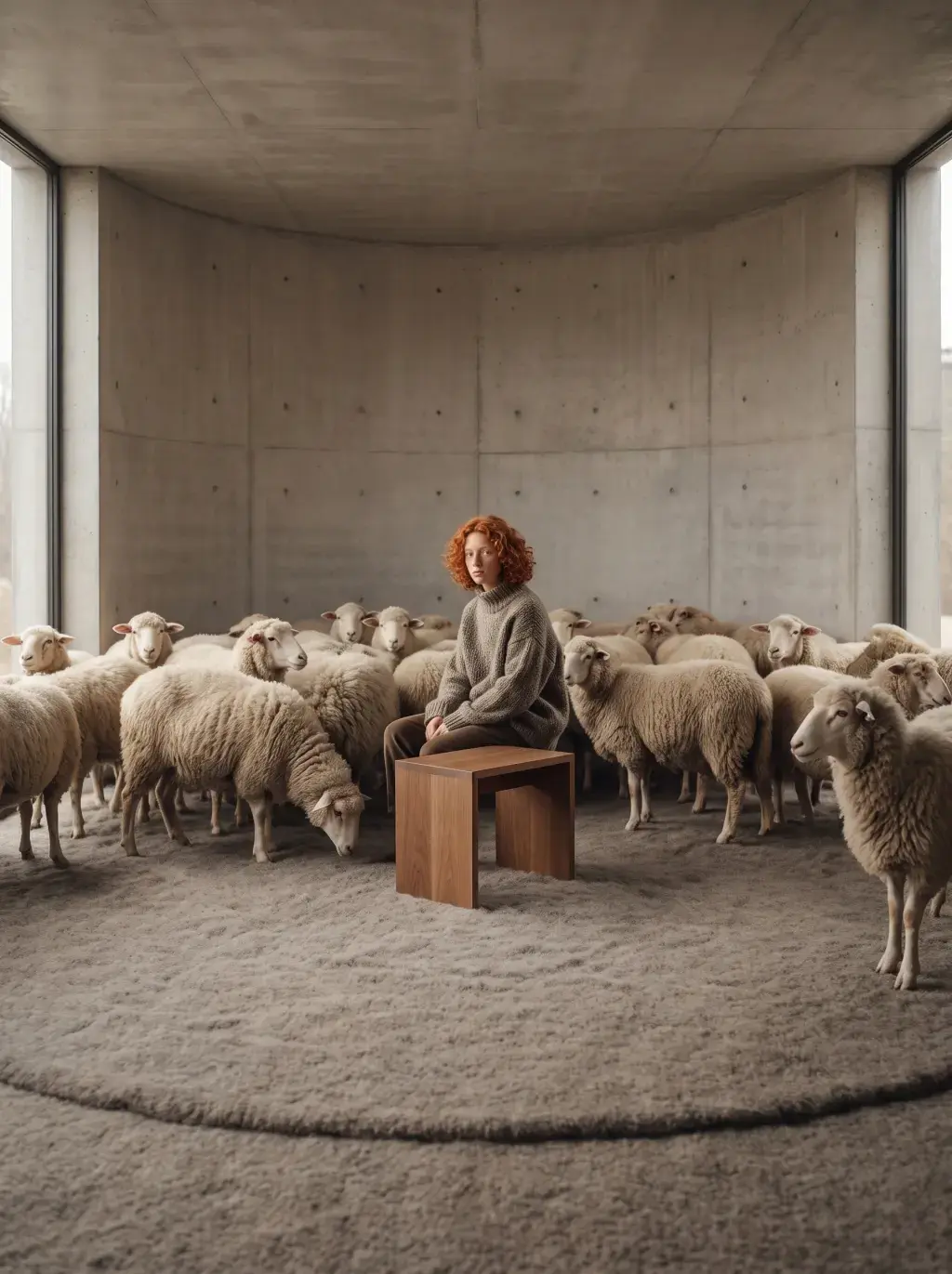 Jeune femme rousse assise sur un tabouret en bois au centre d'un troupeau de moutons, dans une pièce circulaire en béton brut