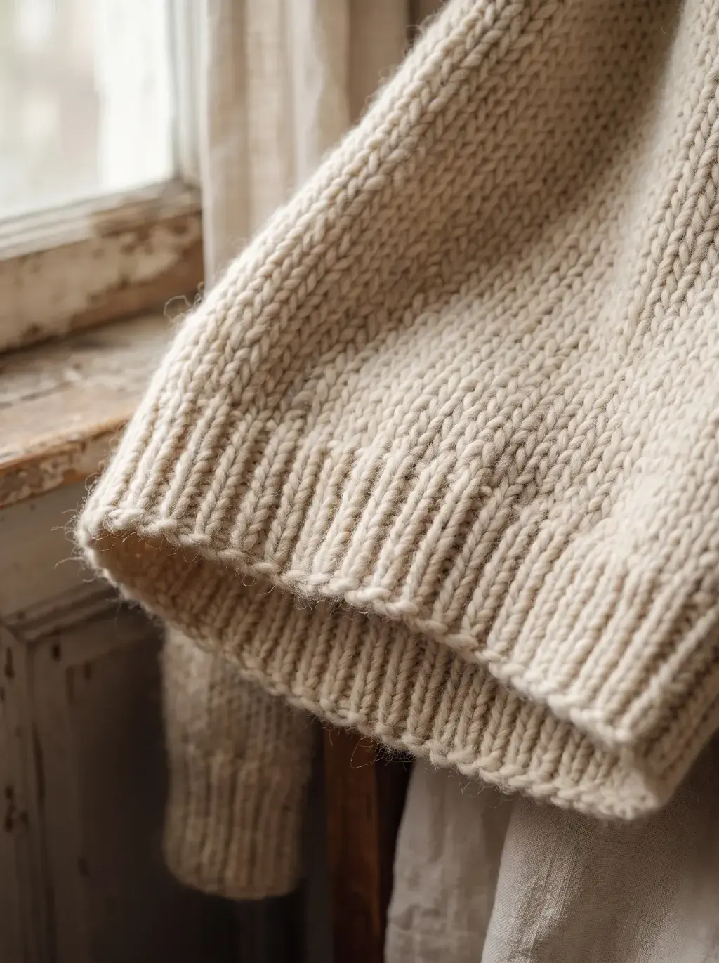 Détail macro d'un pull en maille crème, plis du tissu et bord côtelé près d'une fenêtre ancienne