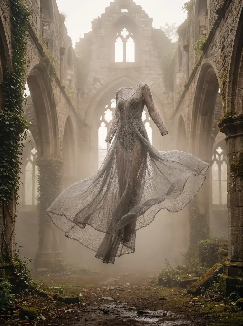 Robe en maille vaporeuse suspendue dans les airs au cœur d'une abbaye en ruines envahie de lierre