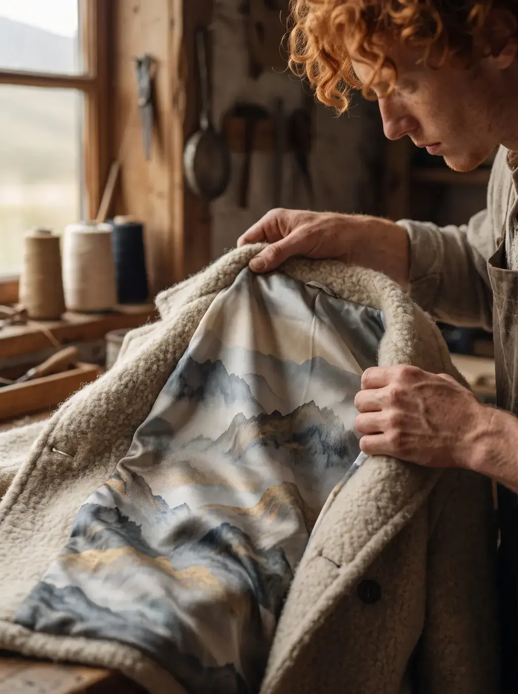 Jeune homme roux examinant la doublure imprimée d'un manteau en laine sherpa crème, dans un atelier de couture en bois
