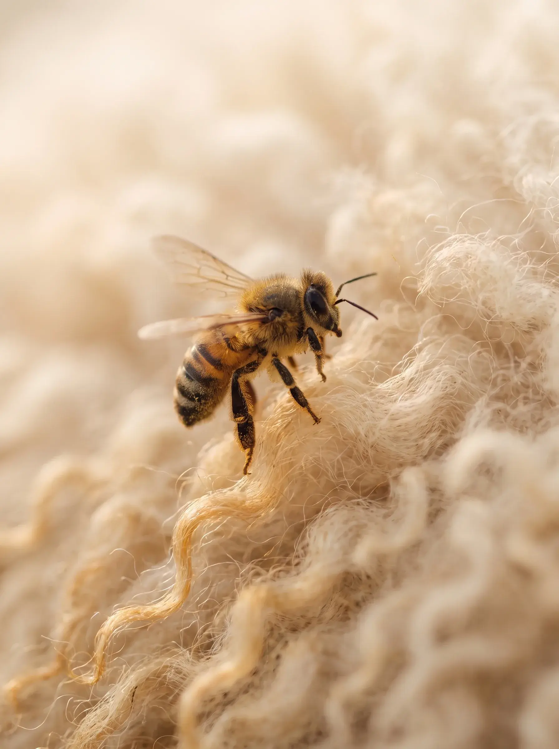 Abeille butinant sur une toison de laine brute
