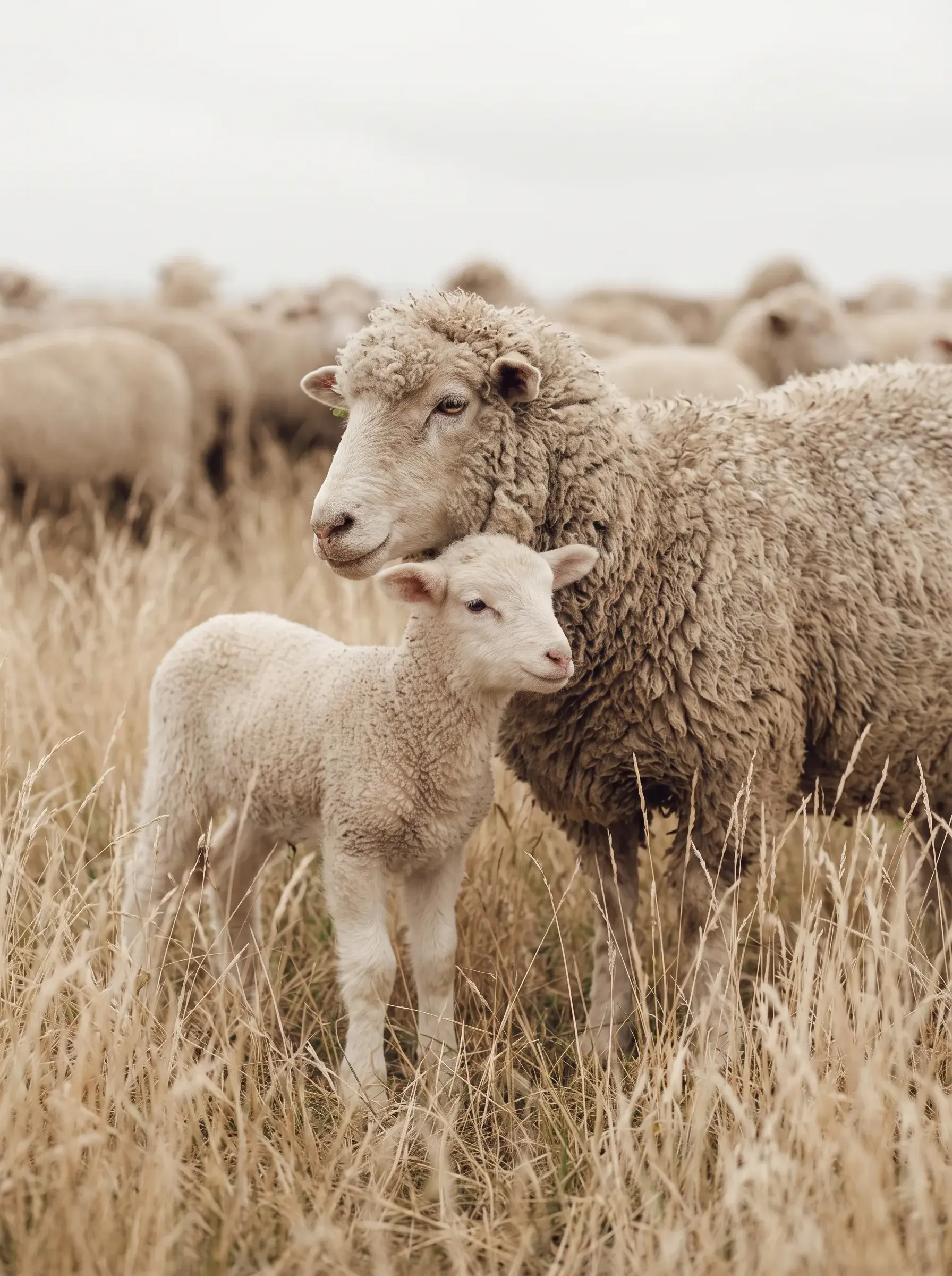Brebis et son agneau dans un champ d'herbes sèches