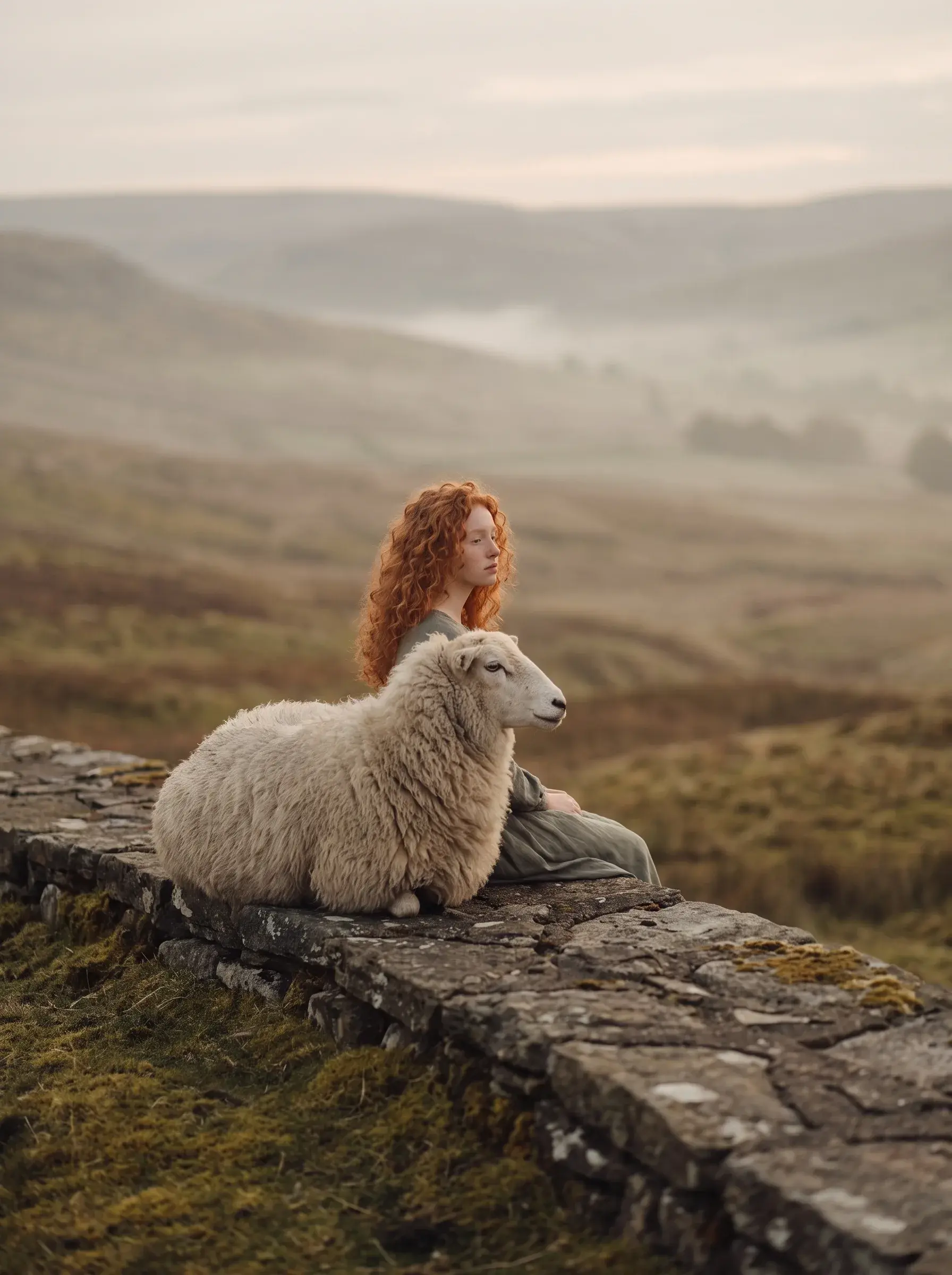 Jeune femme rousse assise sur un muret aux côtés d'un mouton