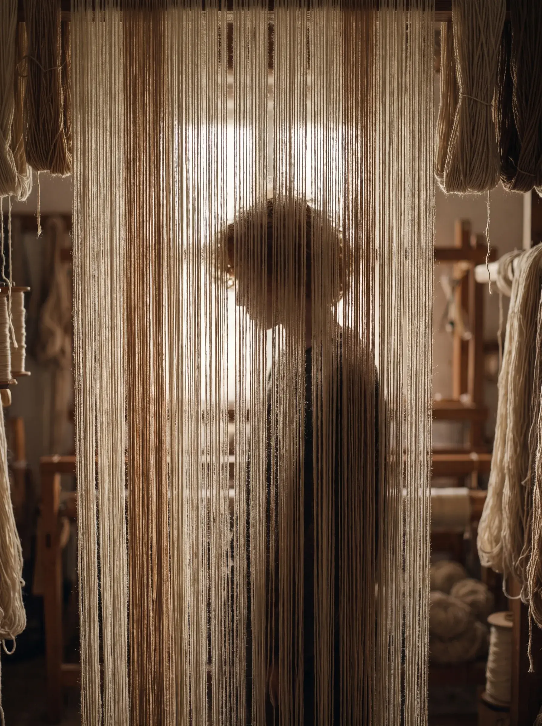 Ombre d'un artisan derrière des fils de laine suspendus dans l'atelier