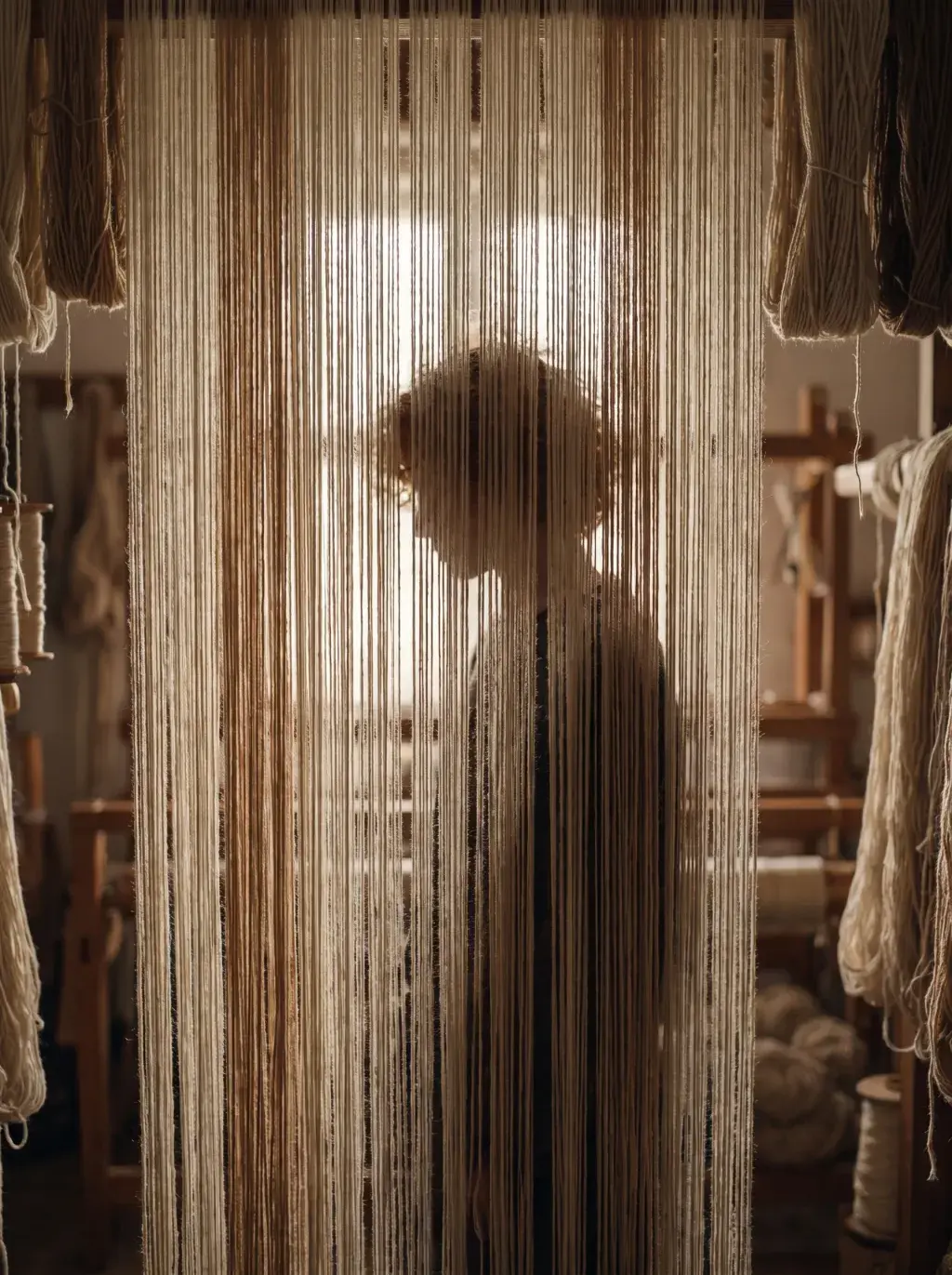 Ombre d'un artisan derrière des fils de laine suspendus dans l'atelier