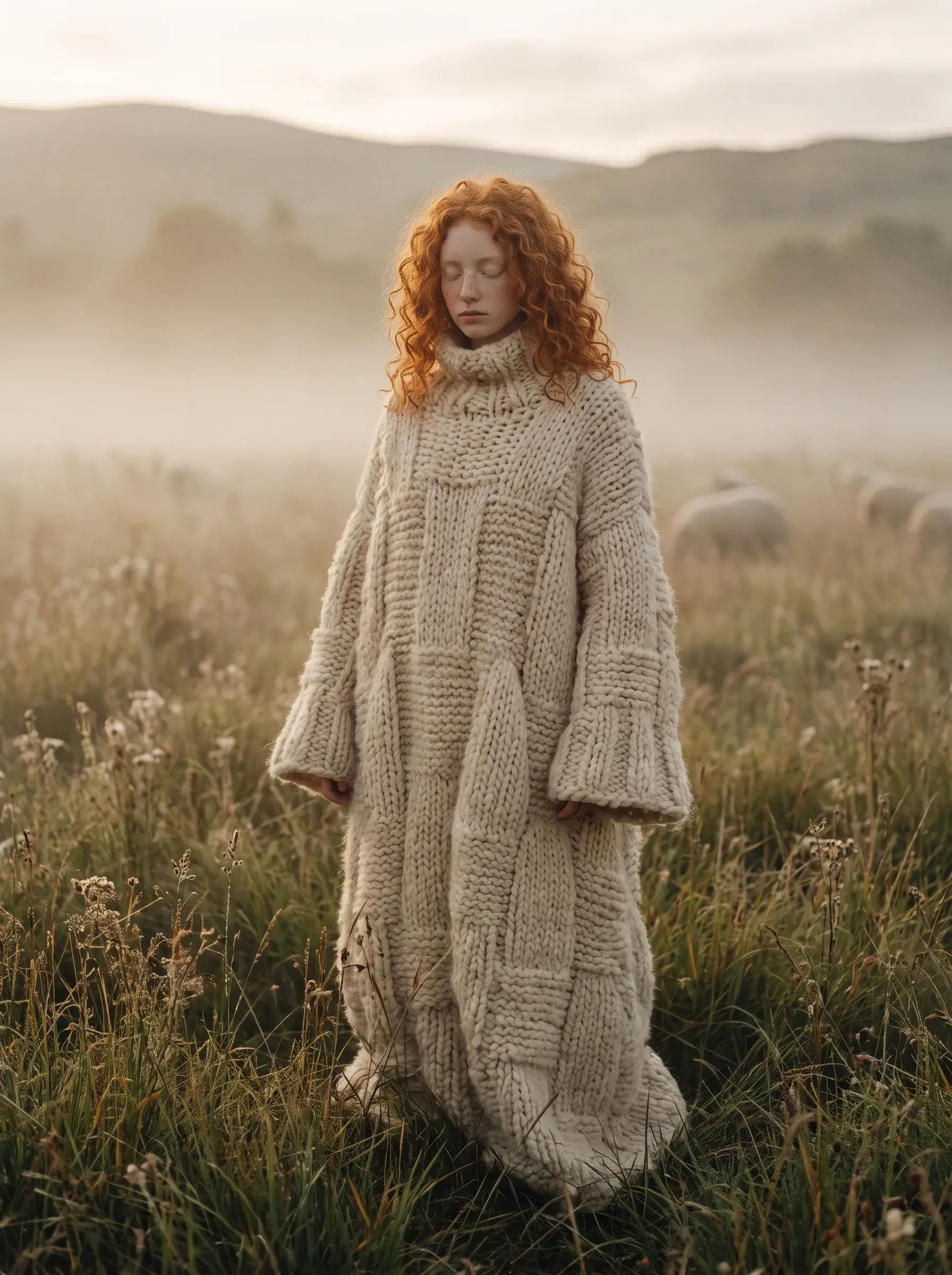 Jeune femme rousse enveloppée d'une robe en laine tricotée dans la brume