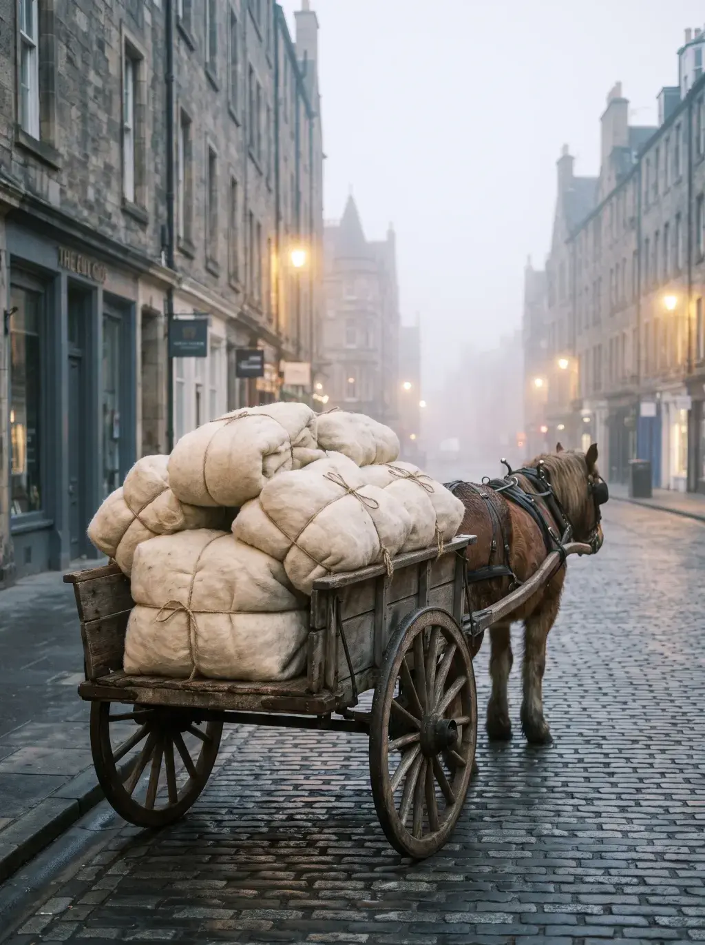 Charrette tirée par un cheval chargée de ballots de laine dans une rue brumeuse