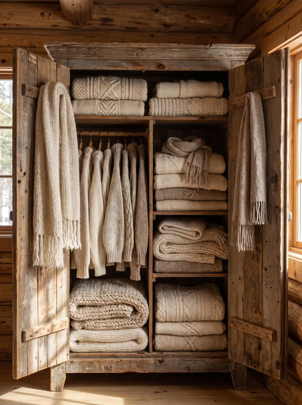 Armoire en bois de chalet remplie de tricots et plaids en laine écrue