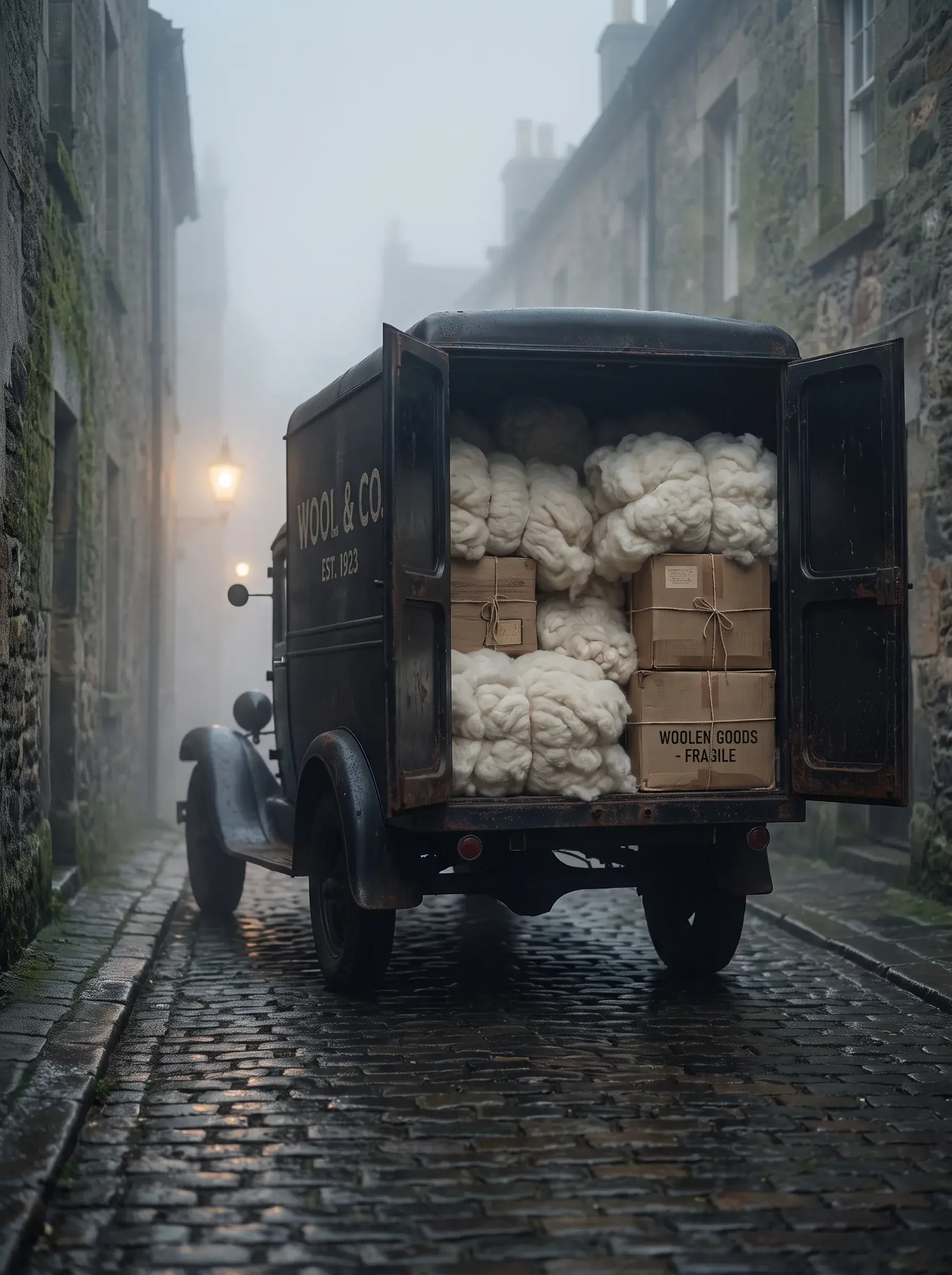Camionnette ancienne "Wool & Co" chargée de laine dans une ruelle brumeuse