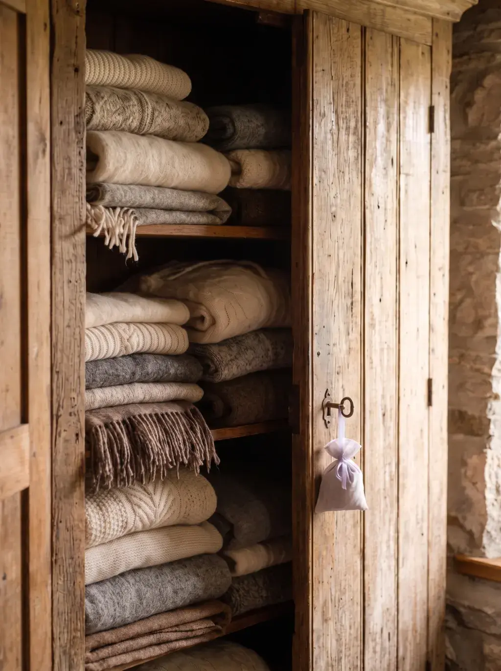 Armoire ancienne débordant de plaids et pulls en laine grise et écrue