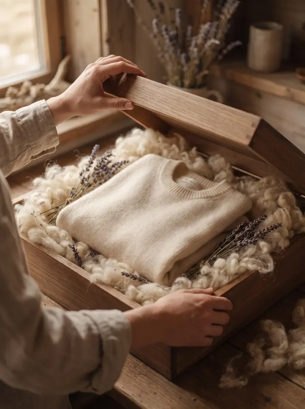 Coffret en bois garni de laine brute et de lavande pour un pull écru