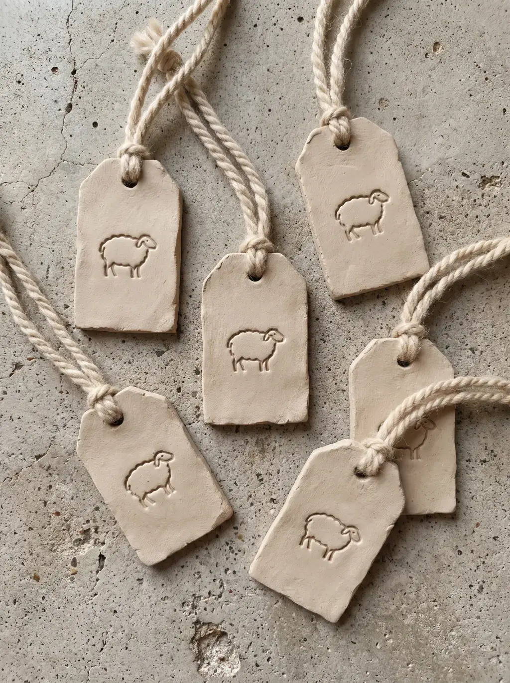 Étiquettes en argile gravées d'un mouton, nouées de ficelle