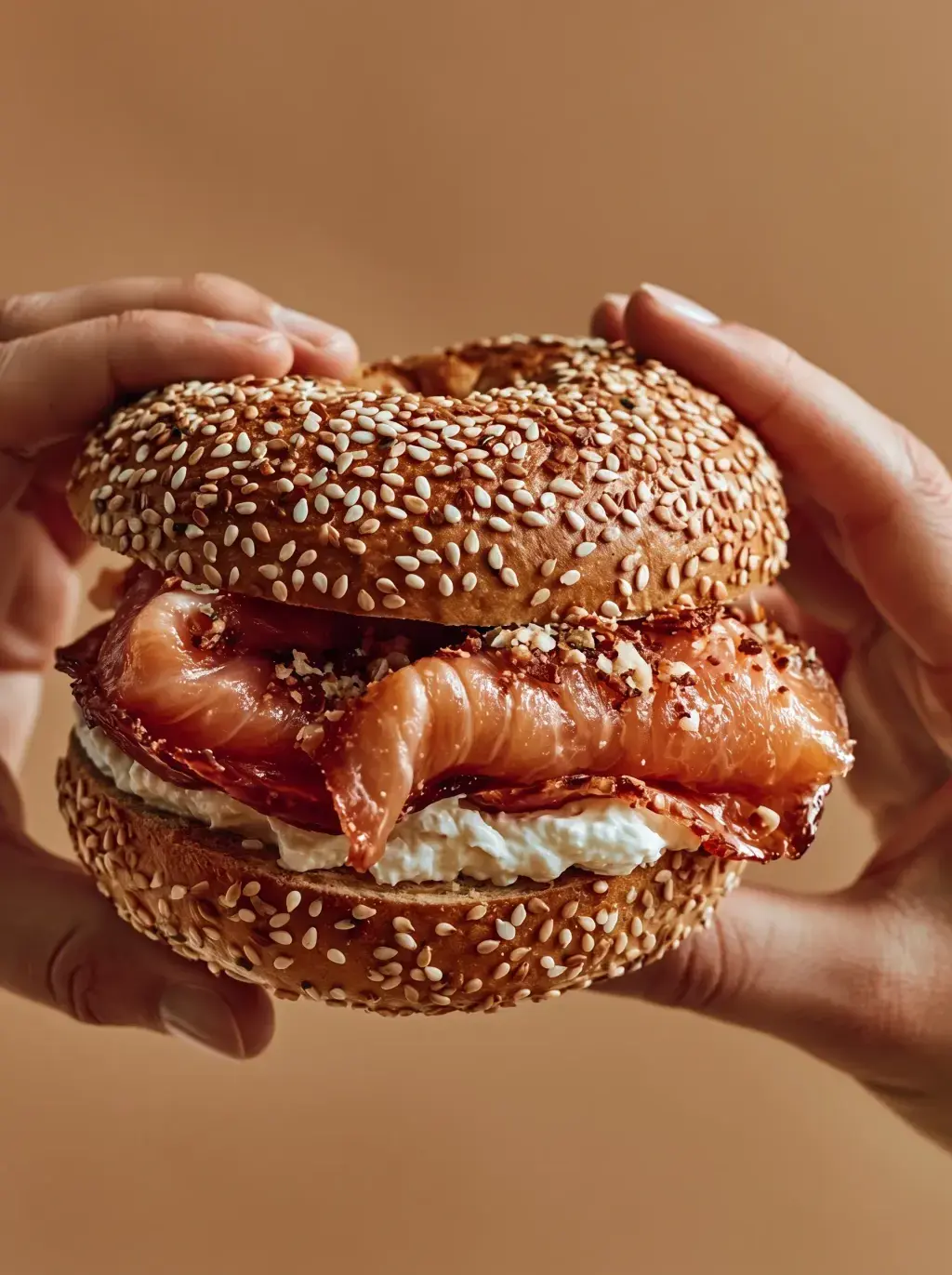 Mains tenant un bagel saumon fumé cream cheese sur fond beige