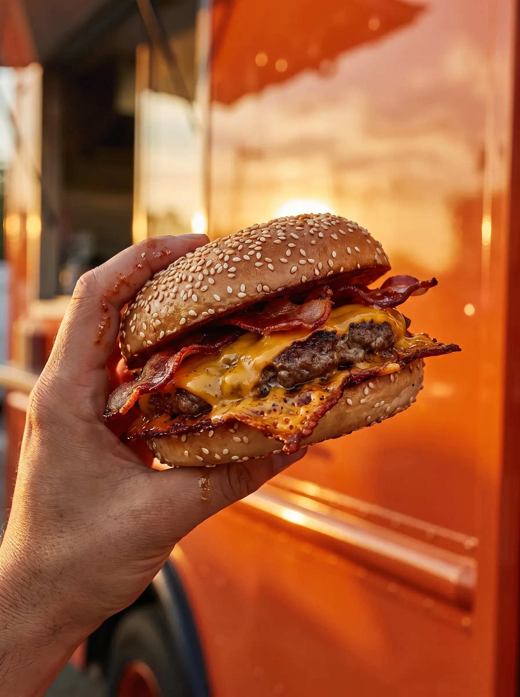 Main tenant un bagel beef bacon cheese fondu devant un food truck orange au coucher du soleil