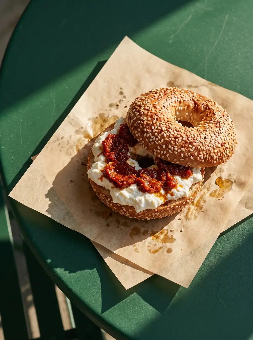 Bagel ouvert garni de ricotta et tomates séchées sur papier kraft et table verte