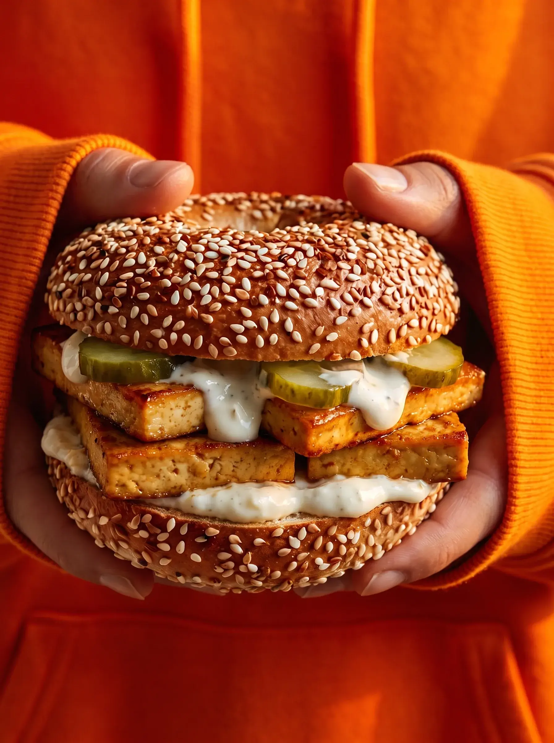 Mains en sweat orange tenant un gros bagel tofu mariné cornichons sauce blanche