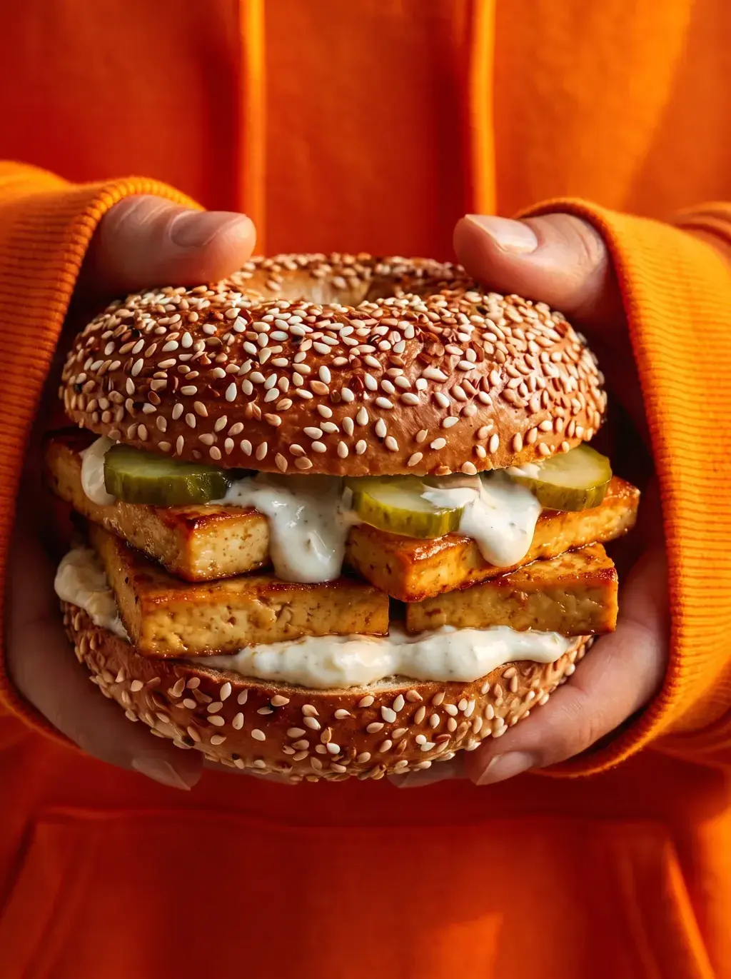 Mains en sweat orange tenant un gros bagel tofu mariné cornichons sauce blanche