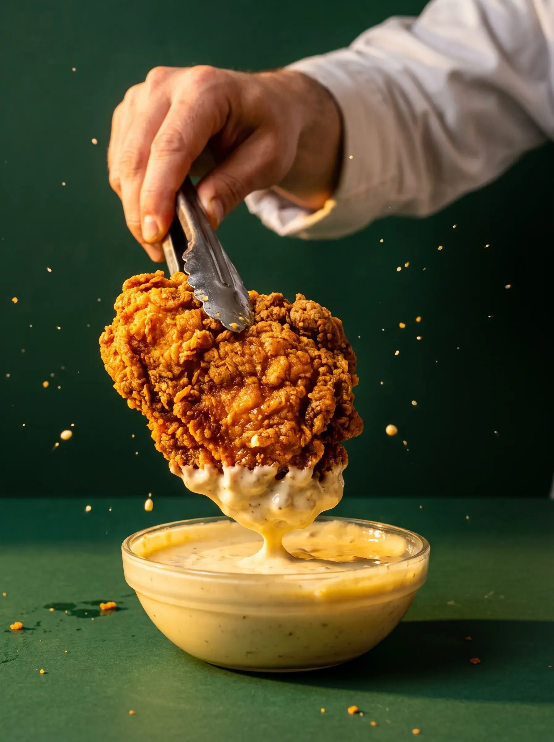 Main avec pince soulevant un morceau de poulet frit couvert de sauce ranch sur fond vert