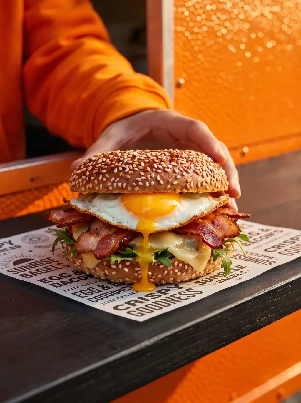 Main en sweat orange tendant un bagel egg bacon coulant sur emballage Sunrise Bagels devant food truck