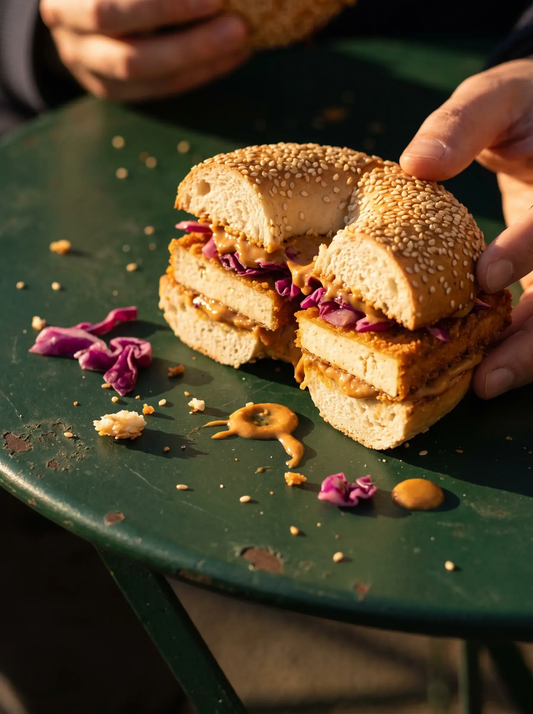 Main tenant un bagel tofu pané chou rouge sauce curry coupé en deux sur table verte