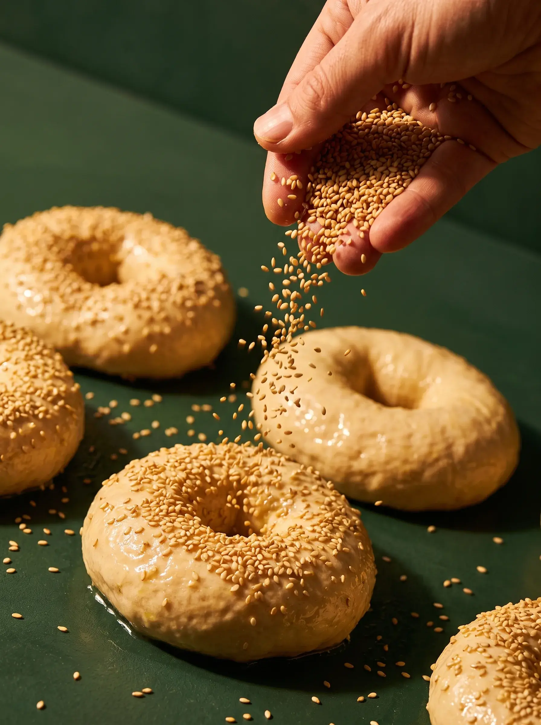 Main saupoudrant des graines de sésame sur des bagels crus sur surface verte