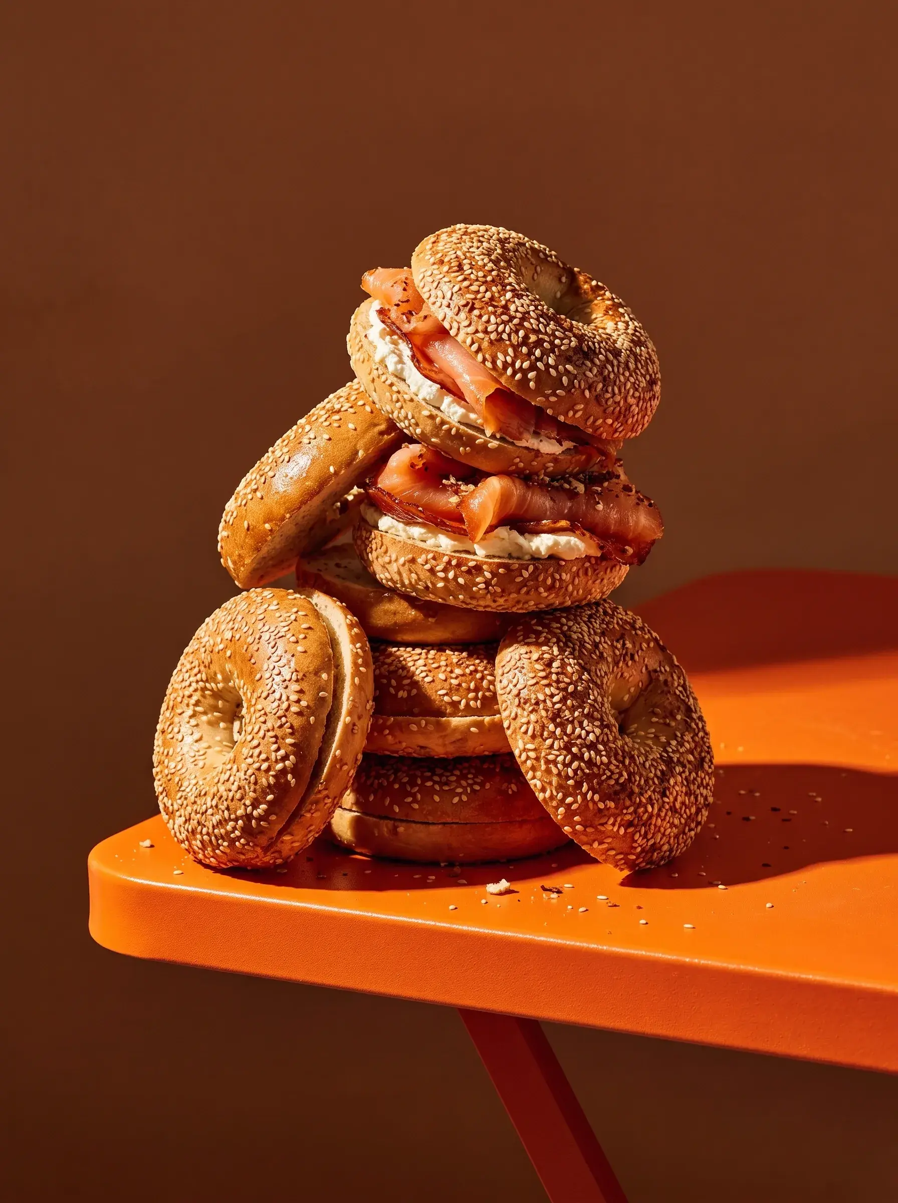 Tour de bagels au saumon fumé et cream cheese empilés en pyramide sur table orange fond brun