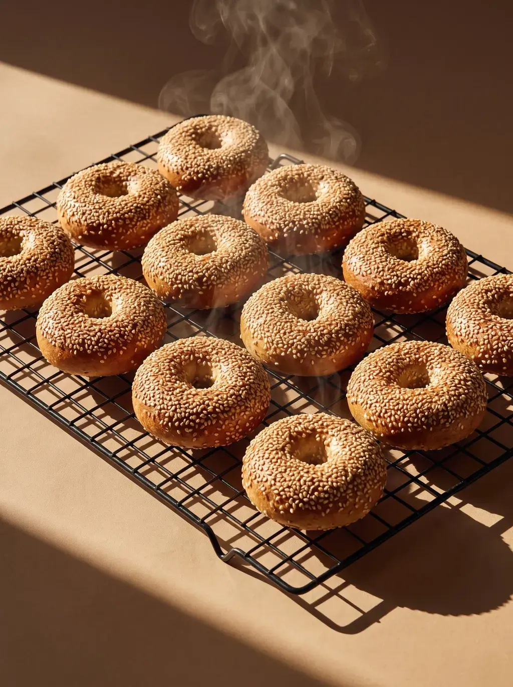Grille de refroidissement avec bagels au sésame chauds sur fond beige sable au soleil