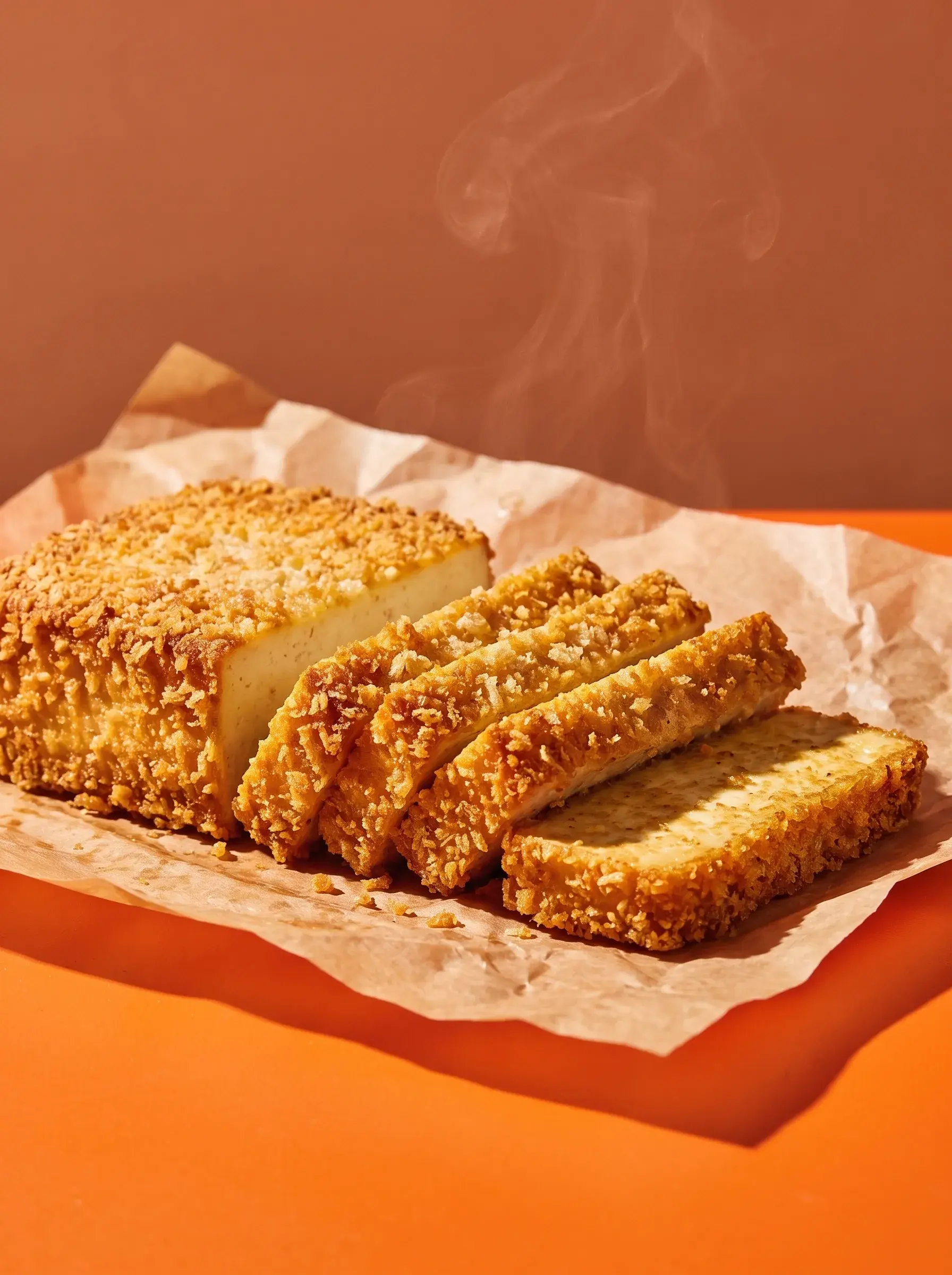 Bloc de tofu pané croustillant tranché fumant posé sur papier kraft fond orange